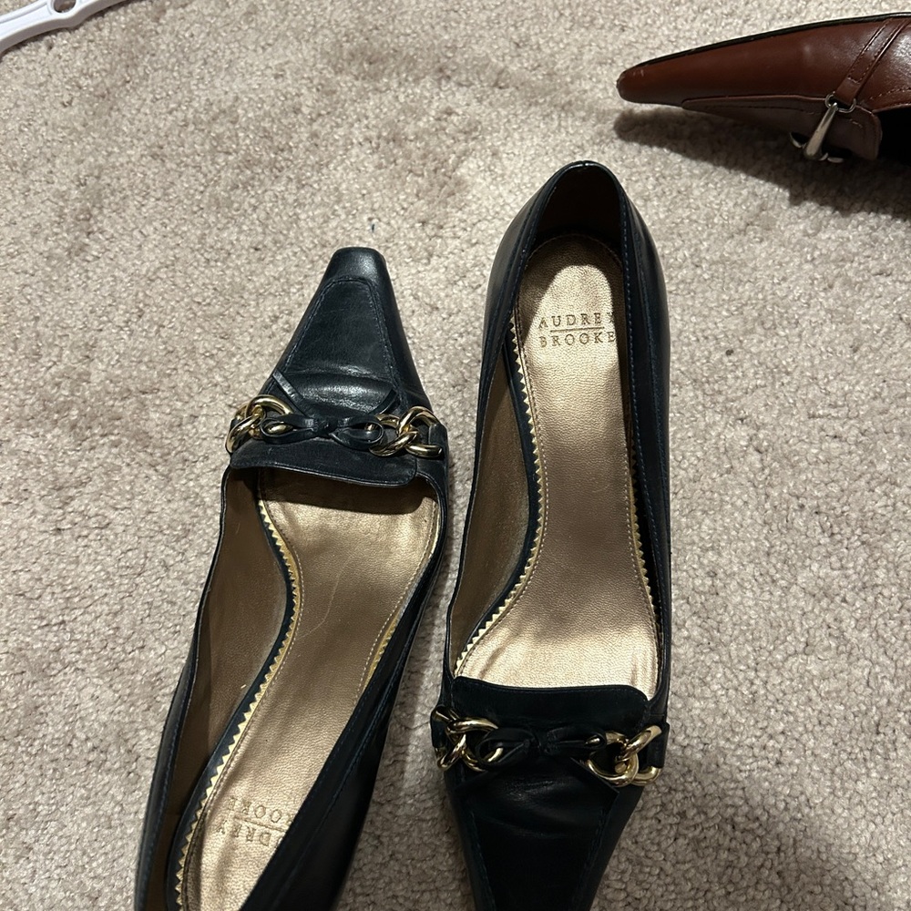 audrey brooke Black Pointed Toe Flats with Gold Chain Trim